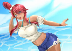 Rule 34 | 1girl, bare shoulders, blue eyes, blue sky, blush, breasts, cloud, crop top, dark-skinned female, dark skin, midriff, nintendo, pokemon, pokemon bw, pokemon masters ex, red hair, rinku bny, short sleeves, shorts, sky, skyla (pokemon), skyla (summer 2025) (pokemon), water
