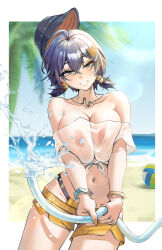 1girl absurdres beach belle_(summer_skies)_(zenless_zone_zero) belle_(zenless_zone_zero) black_hat blue_hair bracelet breasts bucket_hat collarbone covered_erect_nipples cowboy_shot day green_eyes grin hair_ornament hat highres holding holding_hose hose jewelry large_breasts letter_hair_ornament looking_at_viewer midriff multiple_bracelets navel ocean off-shoulder_shirt off_shoulder official_alternate_costume orange_shorts outdoors palm_tree see-through_clothes see-through_sleeves shirt short_shorts short_twintails shorts smile solo tied_shirt tree twintails white_shirt zenless_zone_zero zhait007