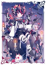 1boy :3 animal_ears bandaged_leg bandaged_wings bandages bat_(animal) black_bow black_bowtie black_cape black_footwear black_hair black_nails black_shorts black_thighhighs border bow bowtie candle cane cape cat_ears center_frills closed_eyes commentary crown demon_boy demon_horns demon_tail demon_wings dot_nose earrings flower frilled_shirt frills garter_straps grave hair_bow high-waist_shorts high_heels holding holding_cane horns hyou_(pixiv3677917) inset_border jewelry long_sleeves looking_at_viewer male_focus mini_crown multicolored_hair nail_polish night night_sky original ornate_border outdoors petals pointy_ears puffy_sleeves purple_sky red_eyes red_flower red_hair red_rose rose shirt shorts signature single_garter_strap sitting skull sky smile streaked_hair suspenders symbol-only_commentary tail thighhighs tombstone torn_clothes torn_thighhighs white_bow white_shirt wings