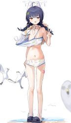 1girl absurdres anger_vein animal_ears bikini bikini_pull bird black_footwear black_hair blue_archive blurry blurry_foreground blush braid clothes_pull crocs fake_animal_ears female_focus fish flat_chest full_body ggab0621 halo highres leaf leaf_on_head leaf_print loli long_hair looking_at_viewer miyu_(blue_archive) miyu_(swimsuit)_(blue_archive) navel official_alternate_costume red_eyes sacabambaspis seagull standing starfish stomach swimsuit twin_braids v water