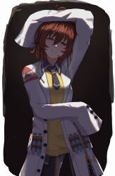 Rule 34 | 1girl, agnes tachyon (umamusume), ahoge, atyattyan, black necktie, black pantyhose, black shirt, brown hair, coat, collared shirt, commentary request, hair between eyes, hem peeking out, highres, lab coat, long sleeves, looking at viewer, medium hair, necktie, open clothes, open coat, pantyhose, parted lips, pen, red eyes, shaded face, shirt, short necktie, sleeves past fingers, sleeves past wrists, solo, sweater, test tube, umamusume, white coat, yellow sweater