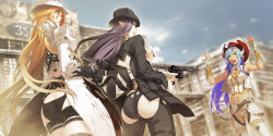 3d 3girls ahoge ass blonde_hair blue_hair breasts brown_eyes cowboy_hat cowboy_western donne_anonime elf franco_il_nero fringe_trim garter_belt green_eyes gun hat highres lily_salvatana long_hair midriff multiple_girls navel nishii_(damnedrive) nitroplus panties pointy_ears sideboob underboob underwear weapon zoku_satsuriku_no_django