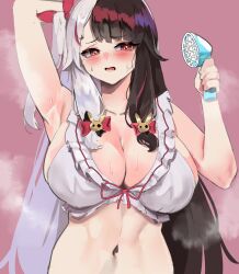 1girl arm_up armpits blush bow breasts cleavage commentary commentary_request hair_ornament highres large_breasts long_hair looking_to_the_side multicolored_hair navel nijisanji open_mouth pink_background rabbit_hair_ornament red_eyes ribbon sideboob simple_background solo split-color_hair steam stomach sweat two-tone_hair upper_body virtual_youtuber yorumi_rena yotamono