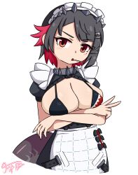 1girl bikini black_hair breasts breasts_out collar ellen_joe female_focus jua large_breasts looking_at_viewer maid nose open_mouth orange_eyes red_hair short_hair simple_background solo swimsuit tail white_background zenless_zone_zero