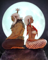 1boy 1girl akuma_(street_fighter) animal_print back-to-back bandeau beard closed_eyes dark-skinned_female dark-skinned_male dark_skin earrings elena_(street_fighter) facial_hair full_moon grey_pants highres huge_moon indian_style jewelry meditation moon night on_rock pants quasimodox rock scarf sitting street_fighter street_fighter_6 topknot white_bandeau white_hair white_pants zebra_print