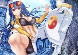 Rule 34 | 1girl, :d, alternate costume, bikini, black bikini, blue hair, breasts, cleavage, commentary request, eyewear on head, hinanawi tenshi, large breasts, long hair, looking at viewer, navel, open mouth, orb, red-framed eyewear, red eyes, shounen (hogehoge), smile, solo, swimsuit, touhou, touhou lostword, variant set, vest, water, yellow vest, yin yang, yin yang orb