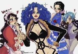Rule 34 | 4girls, baby 5, black hair, blue hair, blush, cropped jacket, dress, frilled dress, frills, hair over one eye, hand on own hip, heart, highres, itstheenami, jewelry, long hair, multiple girls, necklace, o-ring, one piece, paula (one piece), pearl necklace, ponytail, purple dress, revealing clothes, simple background, turtleneck, turtleneck dress, twitter username, vegapunk lilith, viola (one piece), wavy hair, white background, yuri