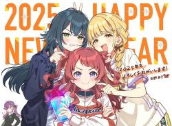black_bow blonde_hair bow cup fujita_kotone gakuen_idolmaster green_eyes green_hair happy_new_year idolmaster long_hair multiple_girls new_year official_art purple_eyes red_hair shirt smile sportswear twintails white_shirt