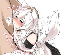 1boy 1girl animal_ears black_skirt blush commentary_request cum cum_in_throat cum_overflow deepthroat detached_sleeves fellatio from_side hand_on_another&#039;s_head hand_on_another&#039;s_waist hetero houkai_(collapse_illust) inubashiri_momiji irrumatio oral out_of_frame red_eyes shirt simple_background skirt solo_focus sound_effects sound_effects_only tail tearing_up touhou white_background white_hair white_shirt wolf_ears wolf_girl wolf_tail