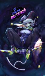 1girl blue_shirt breasts deltarune english_text genderswap hat highres jester jester_cap jester_costume jevil jlullaby long_tongue night night_sky pointy_ears scythe sharp_teeth shirt sky star_(sky) tail teeth tongue tongue_out