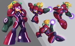 1girl absurdres arm_cannon assault_visor blonde_hair cosplay glowing green_ribbon hair_ribbon helmet highres mega_man_(classic) mega_man_(series) metroid metroid_prime_4:_beyond multiple_views neon_trim nintendo ponytail ribbon roll_(mega_man) samus_aran samus_aran_(cosplay) shoulder_pads sidelocks ultimatemaverickx weapon