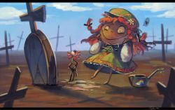 1girl beret braid chinese_clothes commentary_request dress eyeball female_focus flower grave hat hong_meiling koto_inari red_hair solo touhou zombie