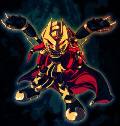 1boy alternate_costume alternate_eye_color archie_comics armor arms_up aura black_bodysuit black_gloves bodysuit cape claw_(weapon) commentary corruption dark_persona dreadlocks enerjak_(sonic) english_commentary forehead_jewel furry gem glaring gloves glowing glowing_eyes goophou knuckles_the_echidna looking_at_viewer mask outstretched_arms possessed possession red_eyes sega solo sonic_(series) sonic_the_hedgehog_(archie_comics) standing weapon