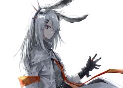 Rule 34 | 1girl, animal ears, arknights, black gloves, closed mouth, commentary, frostnova (arknights), gloves, grey eyes, hair ornament, hairclip, highres, jacket, long hair, looking at viewer, nejikyuu, scar, scar on face, scar on nose, simple background, smile, solo, upper body, white background, white hair, white jacket