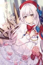 1girl arcaea ascot beret blue_bow blue_gemstone blush bow bowtie brown_eyes capelet closed_mouth cowboy_shot dress flower frilled_ascot frilled_dress frills gem hat highres hikari_(arcaea) hikari_(fracture)_(arcaea) juliet_sleeves long_hair long_sleeves looking_at_viewer mellow_kaede pink_ascot pink_flower pink_petals pink_rose puffy_sleeves red_bow red_bowtie red_hat rose solo tree two-tone_bow very_long_hair white_capelet white_dress white_hair