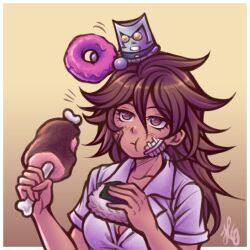 1girl bandage_on_face bandages blush boned_meat border breasts brown_eyes brown_hair cleavage closed_mouth collared_shirt danganronpa_(series) danganronpa_2:_goodbye_despair dark-skinned_female dark_skin donut eating eyelashes food highres holding holding_donut holding_food long_hair meat nidai_nekomaru onigiri owari_akane robot shirt short_sleeves simple_background thaumana upper_body white_border white_shirt