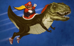 1boy bad_deviantart_id bad_id cape cape_mario dinosaur riding_dinosaur facial_hair fat fat_man gloves hat male_focus mario mario_(series) mike_mitchell mustache nike_(company) nintendo overalls riding shoes sneakers super_mario_world teeth watermark web_address what yoshi