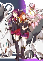 10s 2girls a-rise aggron brown_hair crossover diancie gen_3_pokemon gen_6_pokemon green_eyes highres ksk_(semicha_keisuke) legendary_pokemon long_hair love_live! love_live!_school_idol_project master_ball mega_aggron mega_diancie mega_pokemon mole mole_under_eye multiple_girls mythical_pokemon nintendo open_mouth poke_ball poke_ball_symbol pokemon pokemon_(creature) purple_eyes purple_hair shocking_party short_hair smile thighhighs todo_erena yuki_anju