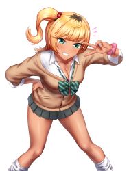 1girl aqua_eyes blonde_hair blue_nails bow bowtie breasts brown_cardigan brown_hair cardigan cleavage collared_shirt dark-skinned_female dark_skin diagonal-striped_bow dress_shirt green_bow greenteamousou grin gyaru hair_bobbles hair_ornament hand_on_own_hip highres last_origin long_hair long_sleeves looking_at_viewer loose_bowtie loose_socks medium_breasts microskirt nail_polish one_side_up pink_scrunchie pleated_skirt school_uniform scrunchie shirt simple_background skirt sleeves_rolled_up smile socks solo swept_bangs tan thighs tomo_(last_origin) v v_over_eye white_background white_shirt wrist_scrunchie