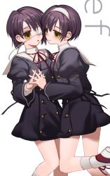 2girls black_dress copyright_name dress ef_(visual_novel) eyepatch folivora_zzzz hairband highres interlocked_fingers juliet_sleeves long_sleeves medical_eyepatch multiple_girls puffy_sleeves purple_hair red_ribbon ribbon shindou_chihiro shindou_kei_(ef) shoes short_hair siblings sisters smile socks white_background white_hairband white_shoes white_socks yellow_eyes