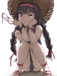 1girl akemi_homura black_hair blue_one-piece_swimsuit braid cameltoe closed_mouth full_body hair_ribbon hairband hat head_rest highres holding holding_removed_eyewear knees_together_feet_apart long_braid long_hair looking_at_viewer mahou_shoujo_madoka_magica mahou_shoujo_madoka_magica_(anime) marutaya one-piece_swimsuit one_eye_closed red-framed_eyewear red_hairband red_ribbon red_shoes ribbon shoes simple_background solo squatting straw_hat swimsuit twin_braids unworn_eyewear wrist_ribbon
