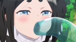 1girl animated animated_gif anime_screenshot black_hair black_vest blue_eyes blush cheek_bulge fellatio futoku_no_guild loli one_eye_closed open_mouth oral rape shirt short_eyebrows sidelocks slime slime_(creature) tearing_up thick_eyebrows tokishikko_dana tongue twintails vest white_shirt