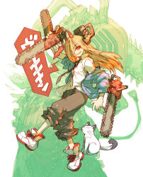 1boy 1girl animal black_necktie black_pants blonde_hair breasts cable cat chainsaw chainsaw_man collared_shirt cosplay cross-shaped_pupils demon_girl demon_horns denji_(chainsaw_man) hair_over_one_eye holding holding_detached_head horns jacket jacket_partially_removed long_hair looking_at_viewer meowy_(chainsaw_man) nakayama_tooru navel necktie pants pants_rolled_up power_(chainsaw_man) red_horns sharp_teeth shirt small_breasts smile symbol-shaped_pupils teeth white_background yellow_eyes