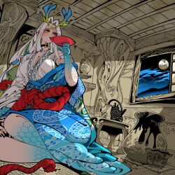 1girl blonde_hair blue_hair breasts dragon_girl dragon_horns dragon_tail drink horns kafun large_breasts long_hair makeup moon multicolored_hair orange_eyes original pointy_ears scales sitting smile solo tail white_hair window