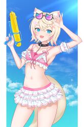 1girl animal_ear_fluff animal_ears arlonn arm_up armpits bandaid bandaid_hair_ornament bikini black_choker blonde_hair blue_eyes blue_sky blush breasts choker collarbone dog_ears dog_girl dog_tail eyewear_on_head frilled_bikini frills front-tie_bikini_top front-tie_top hair_between_eyes hair_ornament highres holding holding_water_gun hololive hololive_english looking_at_viewer medium_breasts mococo_abyssgard multiple_girls navel open_mouth pink_bikini short_hair sky smile solo stomach striped_bikini striped_clothes sunglasses swim_ring swimsuit tail thighs virtual_youtuber water_gun x_hair_ornament