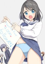 Rule 34 | 4girls, absurdres, accidental exposure, black hair, blue eyes, blue neckerchief, blue panties, blue skirt, bow, bow panties, clothes lift, commentary request, cowboy shot, crotch seam, dropping, embarrassed, english text, film grain, grey background, highres, holding, holding sign, light blush, long sleeves, medium hair, milestone celebration, multiple girls, neckerchief, negimiso1989, open mouth, original, panties, parted bangs, pleated skirt, raised inner eyebrows, sailor collar, school uniform, serafuku, shirt, sign, simple background, skirt, skirt lift, solo focus, standing, thank you, underwear, white sailor collar, white shirt