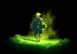 1girl arms_at_sides belt belt_pouch black_background blonde_hair capelet choker closed_mouth dungeon_meshi elf empty_eyes female_focus gloves glowing grass green_eyes holding holding_staff legs_apart long_hair looking_at_viewer marcille_donato marushiru no_pupils pag pointy_ears pouch shade shadow shoes solo staff standing swept_bangs vestige_stls