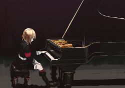 1girl absurdres akitaka_takaaki armband black_background black_footwear black_skirt blonde_hair blush boots german_clothes girls&#039;_frontline grand_piano highres historical_connection instrument military military_uniform mp40_(girls&#039;_frontline) music nazi piano playing_instrument playing_piano red_armband simple_background skirt thigh_strap