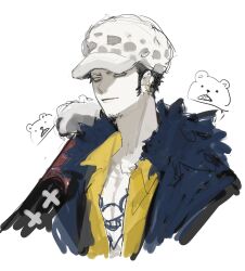 2boys bear_boy bepo_(one_piece) black_fur black_hair black_jacket chest_tattoo collared_shirt edamameko210 facial_hair fur-trimmed_jacket fur_trim furry furry_male goatee hat highres jacket male_focus multiple_boys one_piece shirt short_hair sideburns sketch solo_focus sword tattoo trafalgar_law upper_body weapon white_background white_hat wing_collar yellow_shirt