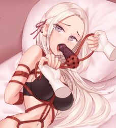 1girl 1other absurdres alternate_breast_size arms_behind_back artist_request bare_shoulders bdsm black_bra blonde_hair bondage bound bra breasts commentary commission dildo dildo_gag dildo_reveal edelgard_von_hresvelg english_commentary fire_emblem fire_emblem:_three_houses gag gagged hair_ribbon highres holding holding_sex_toy indoors large_breasts long_hair looking_at_viewer looking_to_the_side lying navel nintendo on_bed on_side parted_bangs pillow pov pov_hands purple_eyes purple_ribbon ribbon saliva second-party_source sex_toy shade shibari sideboob solo stomach underwear upper_body