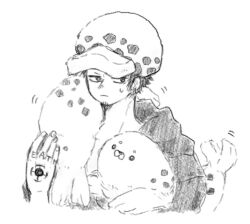1boy 2others animal animal_on_shoulder black_eyes facial_hair finger_tattoo fur_hat goatee graphite_(medium) hand_tattoo hat holding holding_animal male_focus multiple_others nama_dododo one_piece panther_print seal_(animal) sideburns snout spotted_fur sweatdrop tail tattoo traditional_media trafalgar_law
