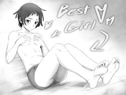 1girl :3 absurdres blunt_ends breasts cabronpr closed_mouth collarbone covering_breasts covering_privates english_text eyelashes feet forehead full_body greyscale highres legs looking_at_viewer monochrome monogatari_(series) nademonogatari navel official_alternate_hairstyle sengoku_nadeko short_hair sitting small_breasts soles solo thighs toes topless_female