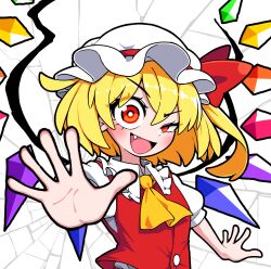 1girl ascot blonde_hair breaking crystal crystal_wings fang flandre_scarlet hat highres looking_at_viewer mob_cap open_mouth puffy_sleeves red_eyes red_vest short_sleeves side_ponytail solidus_(sword_cube) solo touhou upper_body vest wings yellow_ascot