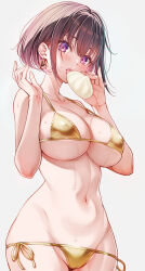 1girl steamed_bun bikini bob_cut breasts brown_hair commentary_request covered_erect_nipples earrings eating food gold_bikini happy_new_year heart heart_earrings highres holding holding_food ikeda_yasuhiro jewelry large_breasts navel new_year original purple_eyes short_hair side-tie_bikini_bottom simple_background sweat swimsuit thighs translation_request white_background