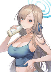 1girl :o asuna_(blue_archive) bare_shoulders blonde_hair blue_archive blue_eyes blue_halo blue_shirt blush bottle breasts cleavage collarbone drinking hair_over_one_eye hair_ribbon halo hand_on_own_hip hare_(yamihuji) highres holding holding_bottle large_breasts long_hair looking_to_the_side milk_bottle ribbon shirt solo very_long_hair