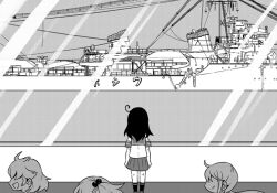 4girls ahoge akebono_(kancolle) destroyer from_behind glass grey_eyes greyscale kantai_collection long_hair meta military_vehicle monochrome multiple_girls name_connection object_namesake oboro_(kancolle) personification saiguchi_otoufu sazanami_(kancolle) school_uniform serafuku ship solo_focus standing ushio_(destroyer) ushio_(kancolle) vehicle_and_personification warship watercraft