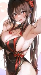 1girl absurdres alternate_breast_size alternate_costume arm_out_of_frame armpits black_nails blush boo_tao_(genshin_impact) breasts cleavage cleavage_cutout clothing_cutout covered_navel earrings fang fingernails flower flower-shaped_pupils genshin_impact ghost hair_between_eyes hair_flower hair_ornament highres hu_tao_(genshin_impact) jewelry long_hair looking_at_viewer multicolored_hair nail_polish open_mouth outstretched_arms plum_blossoms re0n red_hair sideboob skin_fang solo sweat symbol-shaped_pupils twintails