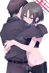 1boy 1girl bandaged_arm bandaged_neck bandages bandeau black_bandeau blue_archive halo highres long_sleeves misaki_(blue_archive) navel pants pink_eyes red_halo sensei_(blue_archive) simple_background tonomiya68 torn_clothes torn_pants white_background