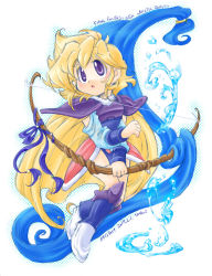 Rule 34 | 1girl, armor, blonde hair, bow (weapon), cape, character name, copyright name, dated, faye, fei (ffmq), female focus, final fantasy, final fantasy mystic quest, graphite (medium), open mouth, phoebe (ffmq), purple eyes, ribbon, shirokiya tanbo, sketch, solo, traditional media, water, weapon