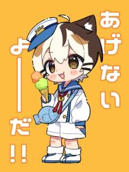Rule 34 | 1boy, :3, :d, ahoge, animal ear fluff, bag, blue hat, blue sailor collar, blush stickers, boots, brown eyes, brown hair, cat boy, commentary request, detached ahoge, fish bag, food, full body, hair ornament, hairclip, hat, highres, holding, holding food, holding ice cream, ice cream, indie virtual youtuber, long sleeves, looking at viewer, male focus, multicolored hair, neck ribbon, notamaru 2, open mouth, paw-shaped pupils, red ribbon, ribbon, sailor collar, sailor hat, shirt, shorts, simple background, smile, solo, standing, symbol-shaped pupils, tatamaru (vtuber), translated, virtual youtuber, white boots, white hair, white shirt, white shorts