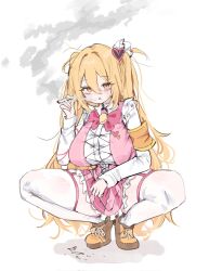1girl a73398190 armband bags_under_eyes blonde_hair bow bowtie breasts brown_eyes cigarette cigarette_butt don_quixote_(project_moon) frilled_skirt frills hair_between_eyes hair_ornament hair_ribbon heart heart_hair_ornament heart_pin highres holding holding_cigarette large_breasts limbus_company lobotomy_corporation long_hair magical_girl messy_hair official_alternate_costume open_mouth pink_skirt pink_vest project_moon queen_of_hatred ribbon shirt shoes skirt smoking solo spread_legs squatting thick_thighs thighhighs thighs two_side_up vest white_shirt white_thighhighs