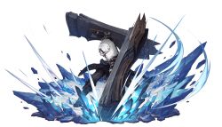 1boy absurdres black_boots black_coat black_pants blue_eyes boots coat eyepatch faux_figurine fold-over_boots full_body fur-trimmed_coat fur_trim grin ground_shatter highres holding holding_shield legs_apart looking_at_viewer male_focus mature_male official_art old old_man pants rampart_(rememento) rememento:_white_shadow shield short_hair smile solo standing transparent_background white_hair