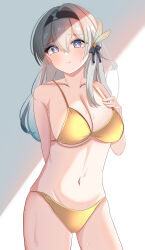 1girl :t absurdres arm_behind_back bare_shoulders bikini black_hairband blush breasts cleavage closed_mouth collarbone firefly_(honkai:_star_rail) gold_bikini golden_week grey_hair hair_between_eyes hair_ornament hairband hand_on_own_chest highres honkai:_star_rail honkai_(series) kurenaiaoi0 large_breasts long_hair looking_at_viewer navel pink_eyes pout stomach sweat swimsuit