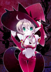 Rule 34 | 1girl, breasts, bridal gauntlets, colored skin, commentary request, cosplay, cowboy shot, dragon quest, dragon quest x, elf, elf (dq10), fairy wings, gratzel (dq10), gratzel (dq10) (cosplay), green eyes, halterneck, hat, long sidelocks, looking to the side, midriff, navel, open mouth, pants, pink background, pink bridal gauntlets, pink hair, pink hat, pink pants, pink shirt, pink skin, pointy ears, purple background, shirt, short hair, sidelocks, small breasts, solo, utsubushi satsuki, wings, witch hat