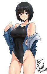 1girl absurdres amagami arm_behind_back bare_shoulders black_hair black_one-piece_swimsuit blue_jacket blue_one-piece_swimsuit breasts brown_eyes commentary competition_swimsuit covered_navel cowboy_shot dated gluteal_fold hair_between_eyes highleg highleg_one-piece_swimsuit highres jacket long_sleeves looking_at_viewer medium_breasts nanasaki_ai off_shoulder one-piece_swimsuit open_clothes open_jacket parted_lips removing_jacket revision short_hair signature simple_background solo standing swimsuit tan tanline teeth track_jacket translated two-tone_one-piece_swimsuit two-tone_swimsuit white_background yoo_tenchi
