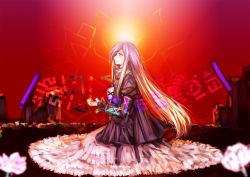 Rule 34 | 1girl, bad id, bad pixiv id, blonde hair, breasts, dress, female focus, flower, gradient background, gradient hair, hijiri byakuren, hokkai, ksrk ss, layered dress, long hair, lotus, makai (touhou), multicolored hair, purple hair, sitting, solo, sorcerer&#039;s sutra scroll, tears, touhou, yellow eyes